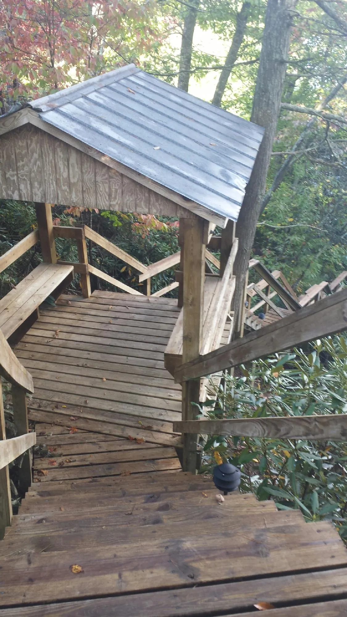 Metal roofed shelter over wooden steps on a wooded walkway — Skylight Repair & Installation work by our crew in Clara City